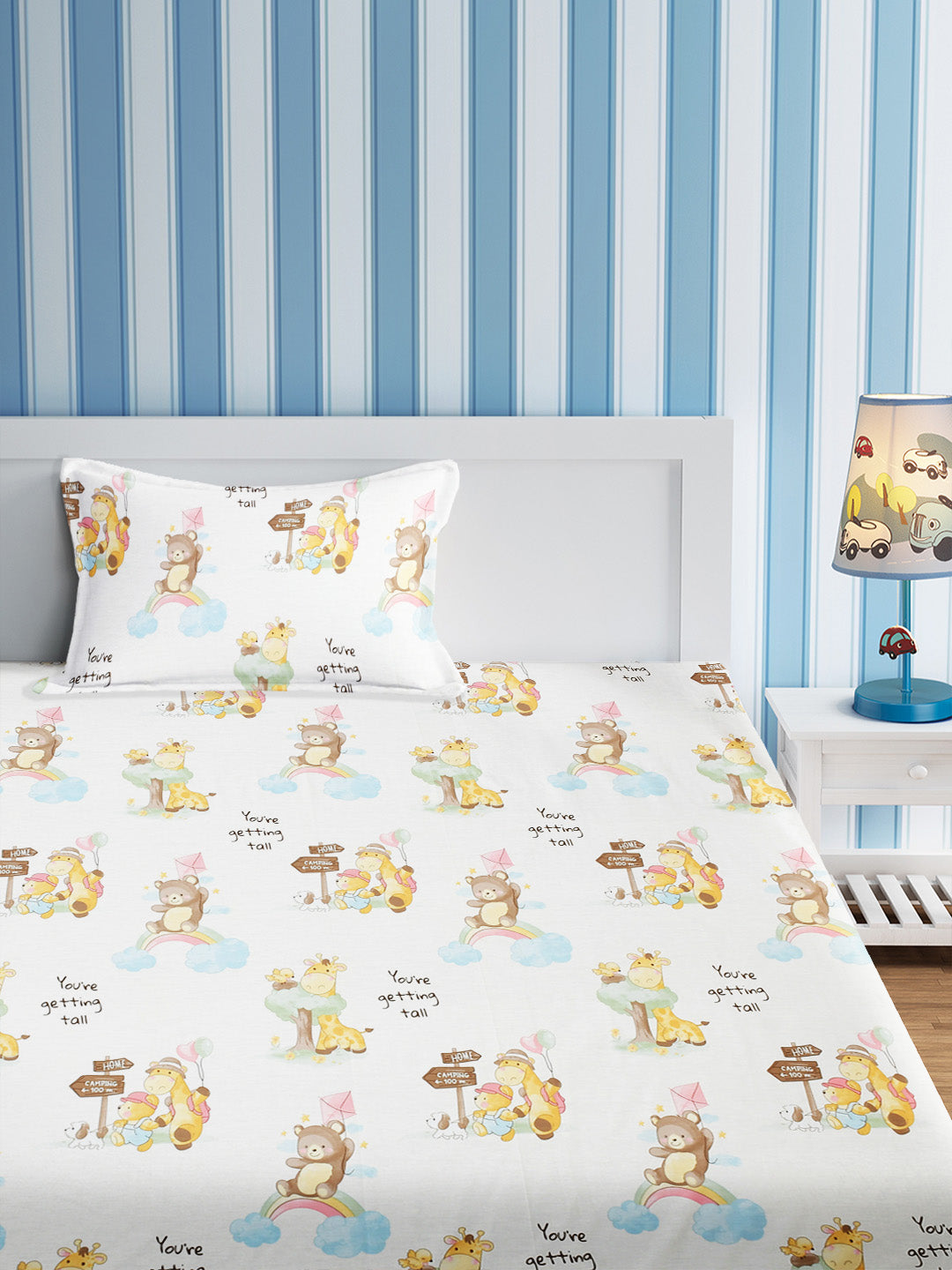 URBAN DREAM KIDS GIRRAFE AND BEAR PRINT WHITE AND YELLOW BEDSHEET SET