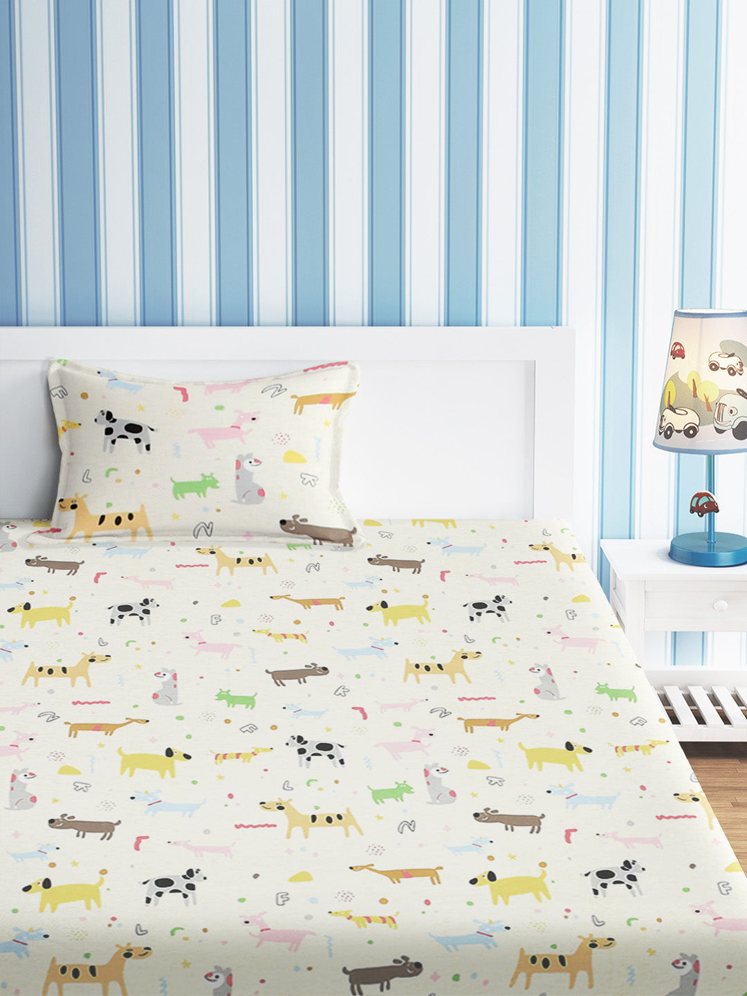 URBAN DREAM KIDS ABSTRACT DOGS PRINT WHITE AND YELLOW BEDSHEET SET