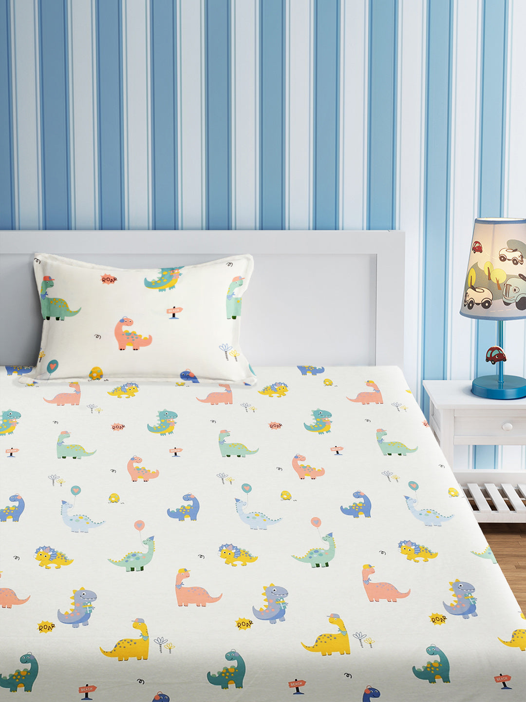 URBAN DREAM KIDS DINO AND BALOON PRINT WHITE AND PURPLE BEDSHEET SET