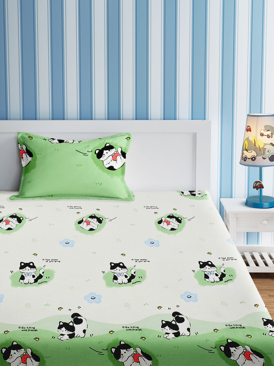 URBAN DREAM KIDS CUTE KITTEN PRINT GREEN AND BLUE BEDSHEET SET