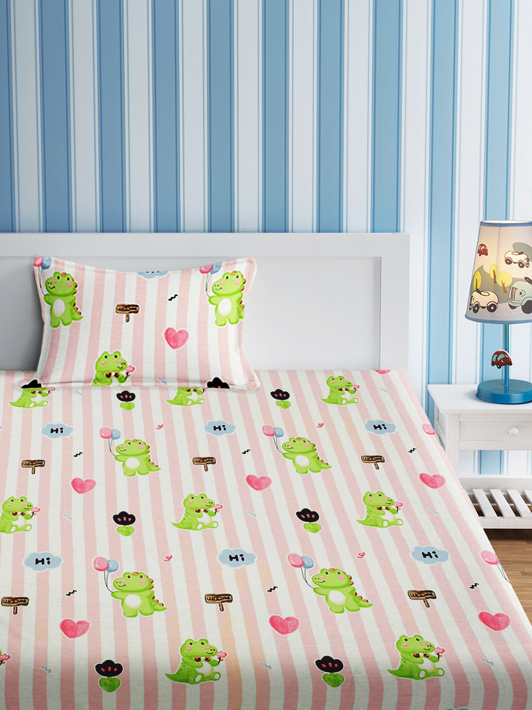 URBAN DREAM KIDS CUTE ALIGATOR AND HEART PRINT PINK AND GREEN BEDSHEET SET