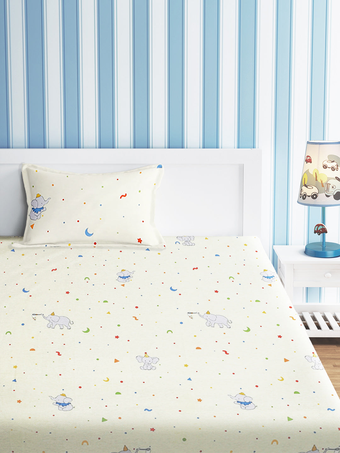 URBAN DREAM KIDS ELEPHANT PARTY PRINT WHITE AND BLUE BEDSHEET SET