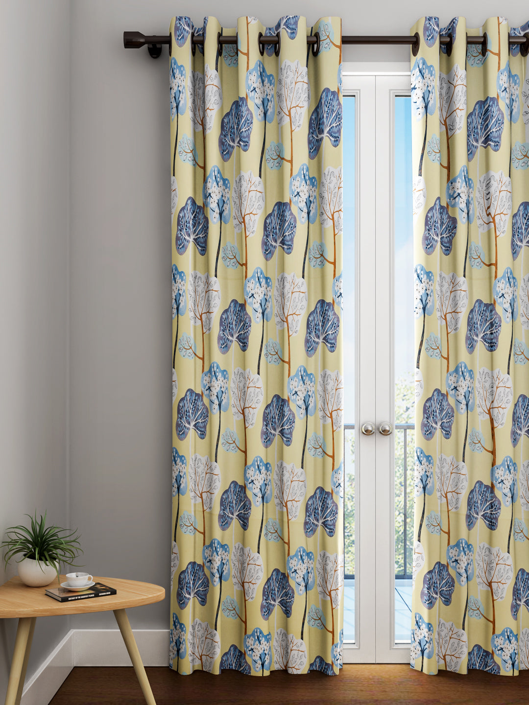 URBAN DREAM FASHION ABSTARCT TREE PRINT YELLOW AND BLUE EYELET CURTAIN