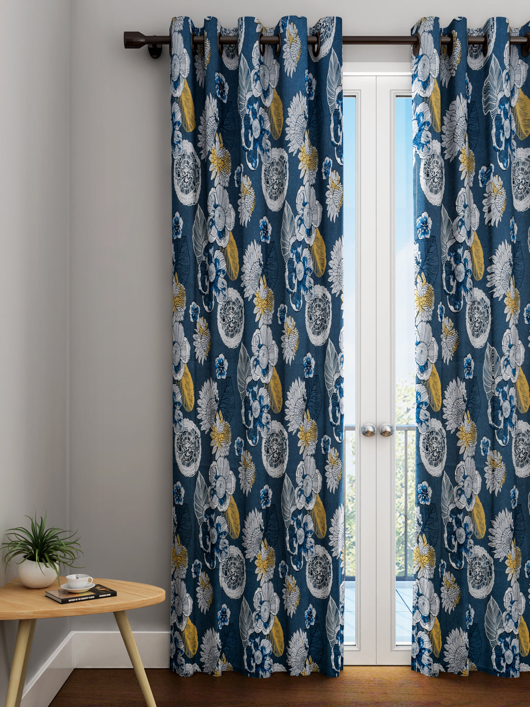 URBAN DREAM FASHION ABSTRACT FLORAL PRINT BLUE AND GREY EYELET CURTAIN