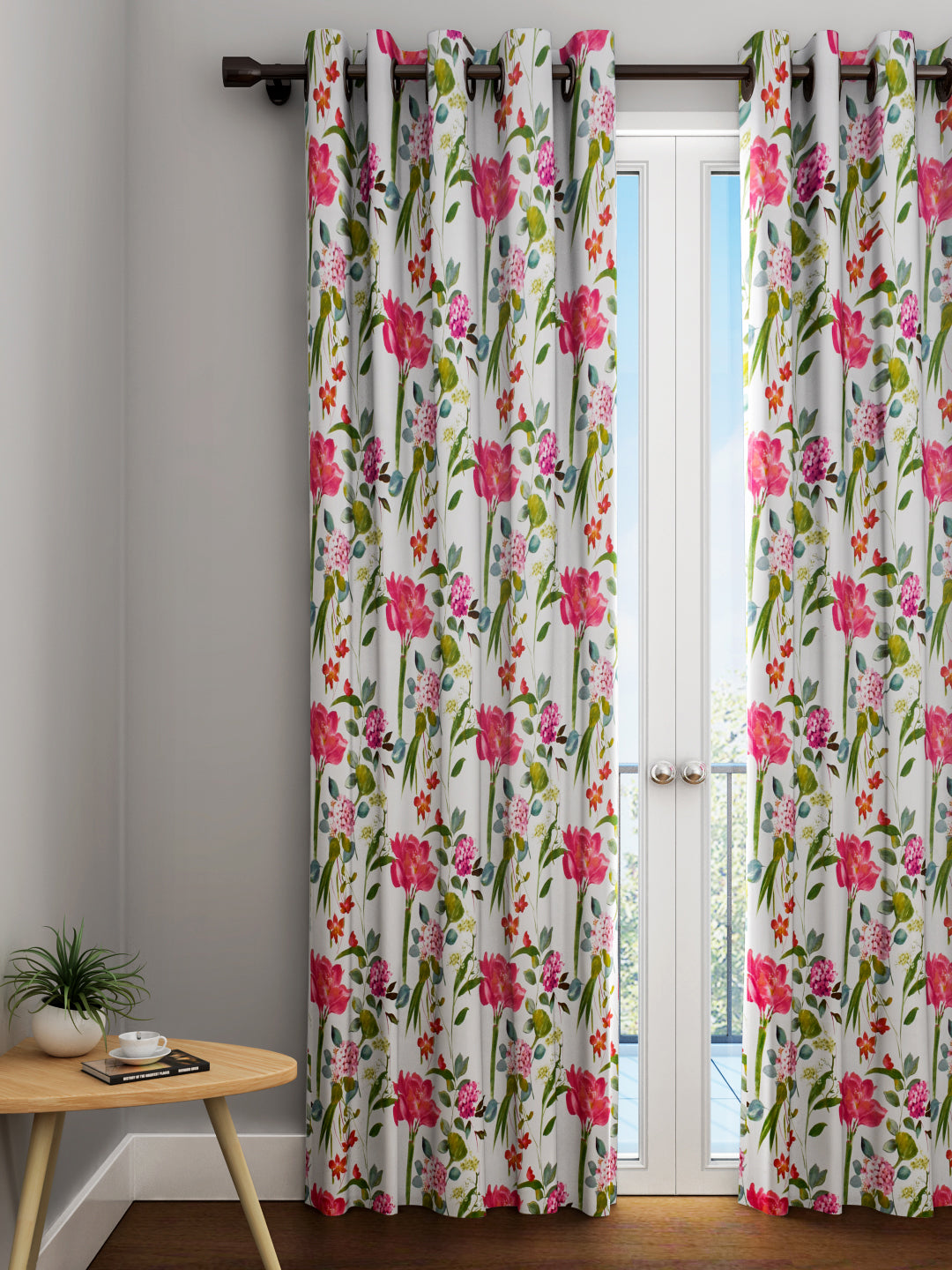 URBAN DREAM FASHION ABSTRACT FLORAL PRINT PINK AND GREEN EYELET CURTAIN