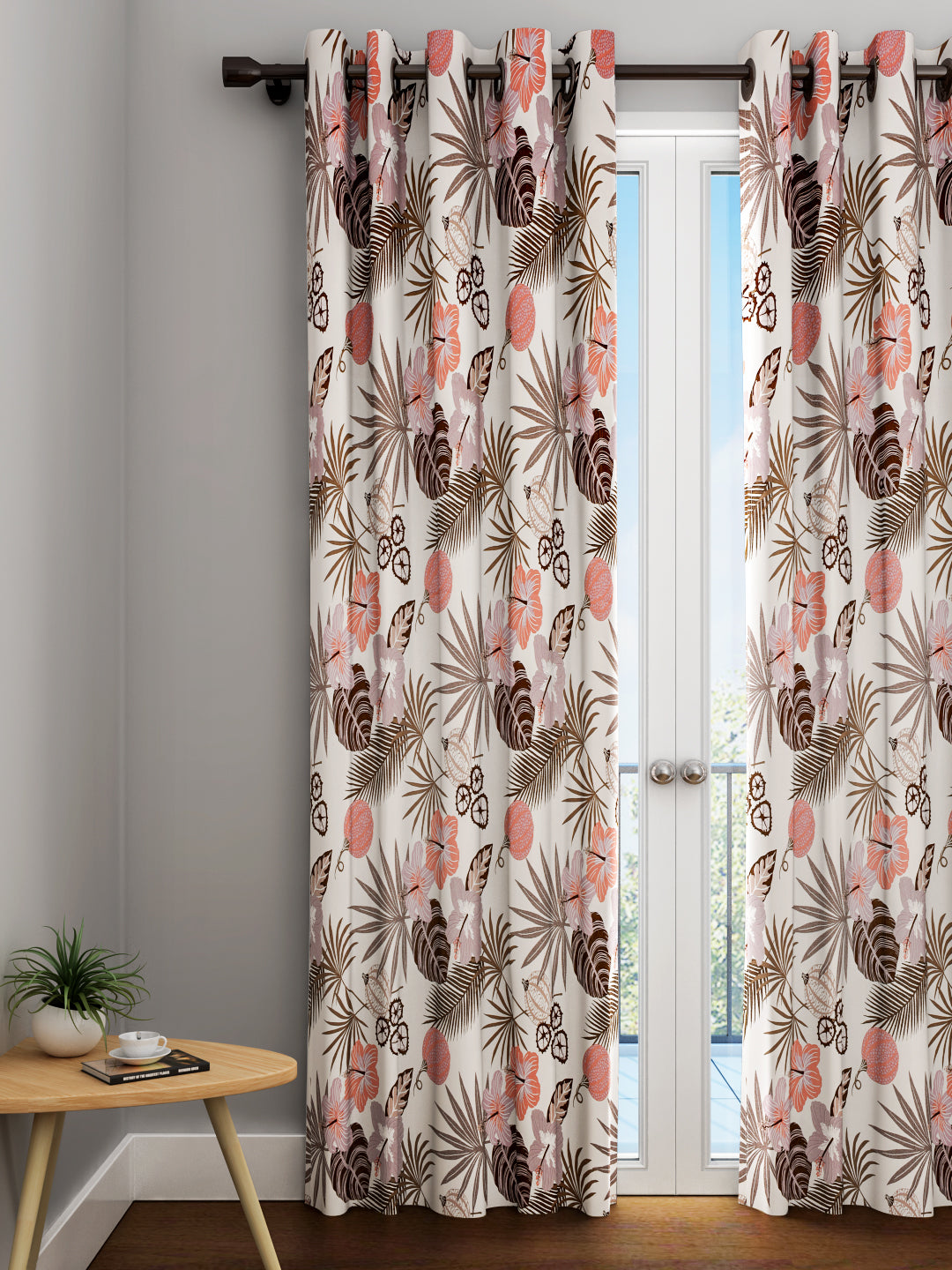 URBAN DREAM FASHION ABSTRACT FLORAL PRINT PEACH AND GREY EYELET CURTAIN