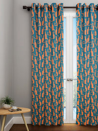 URBAN DREAM FASHION ABSTRACT CAT PRINT TEAL BLUE AND ORANGE EYELET CURTAIN