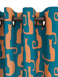 URBAN DREAM FASHION ABSTRACT CAT PRINT TEAL BLUE AND ORANGE EYELET CURTAIN