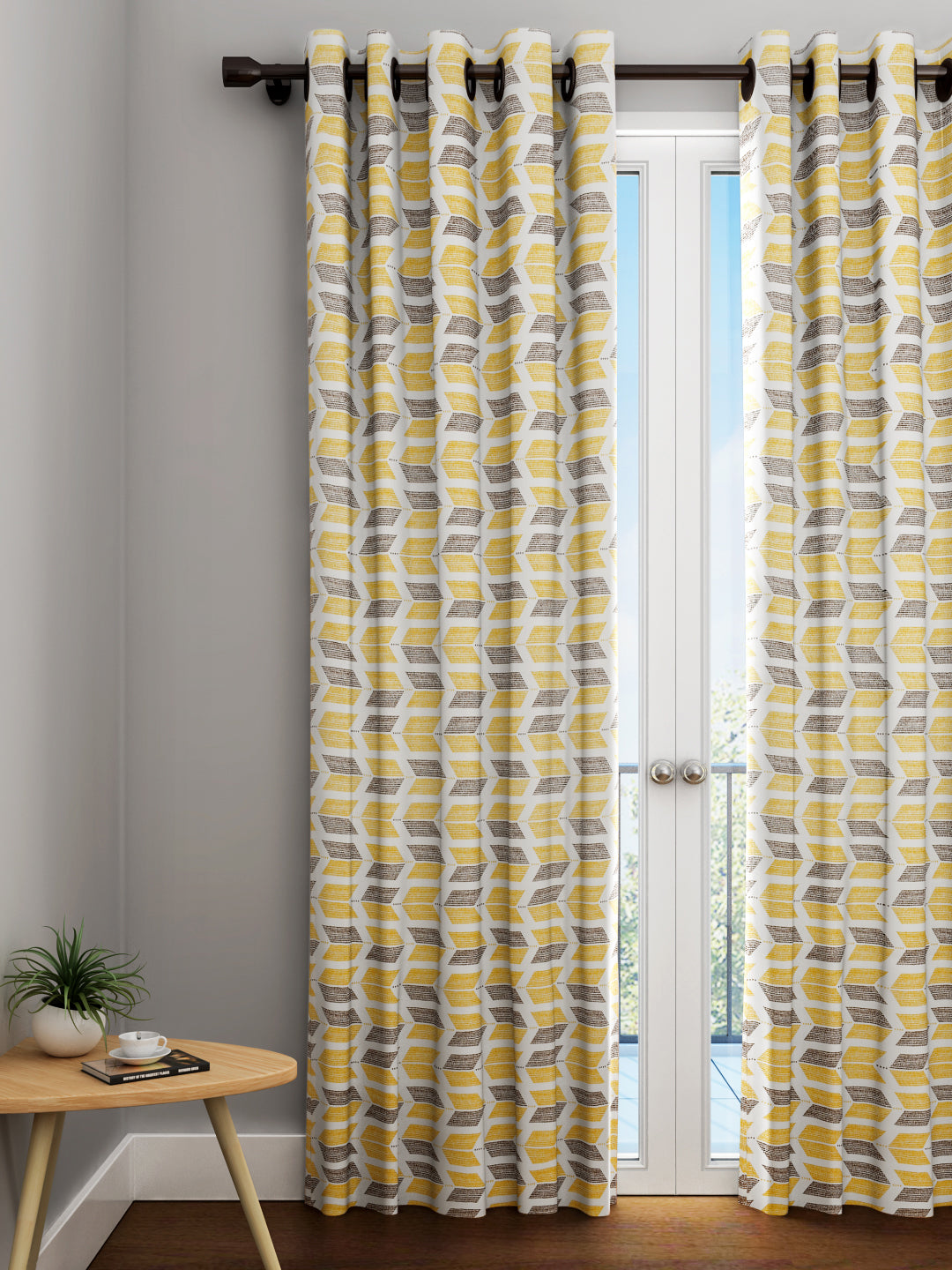 URBAN DREAM FASHION ABSTRACT GEOMETRIC  PRINT YELLOW AND BROWN EYELET CURTAIN