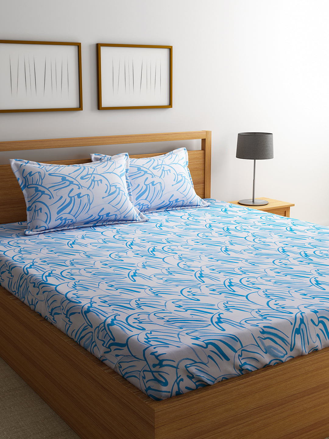 URBAN DREAM FASHION ABSTRACT SEA WAVES PRINT BLUE AND WHITE BEDSHEET SET