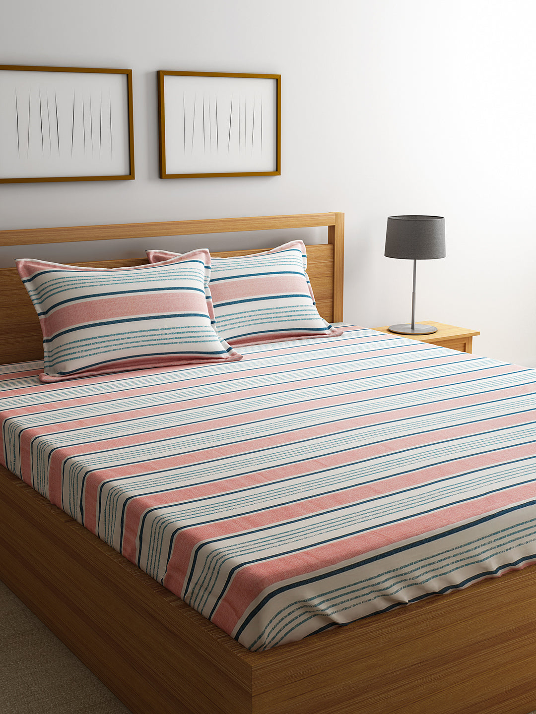 URBAN DREAM FASHION GEOMETRIC STRIPES PRINT PEACH AND WHITE BEDSHEET SET