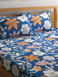 URBAN DREAM FASHION ABSTRACT FLORAL PRINT BLUE AND ORANGE BEDSHEET SET