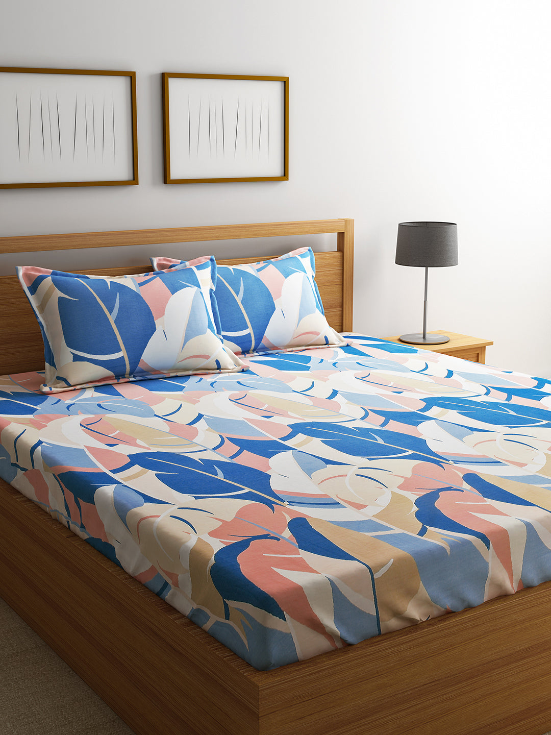 URBAN DREAM FASHION ABSTRACT LEAVES PRINT BLUE AND PEACH BEDSHEET SET