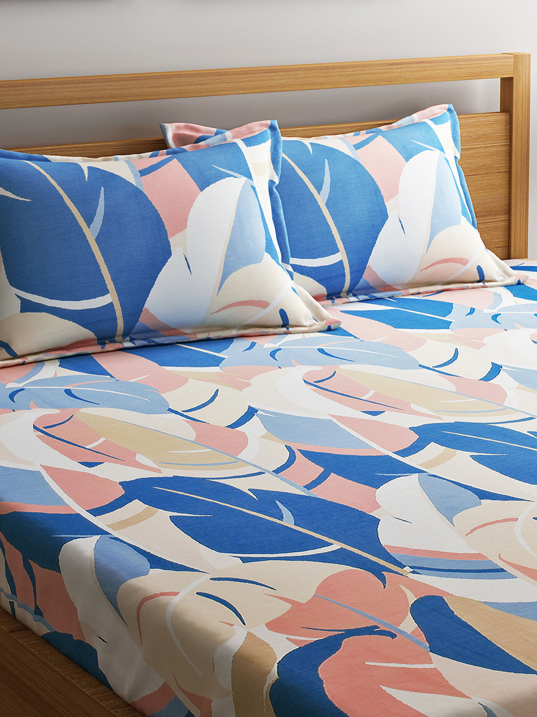 URBAN DREAM FASHION ABSTRACT LEAVES PRINT BLUE AND PEACH BEDSHEET SET