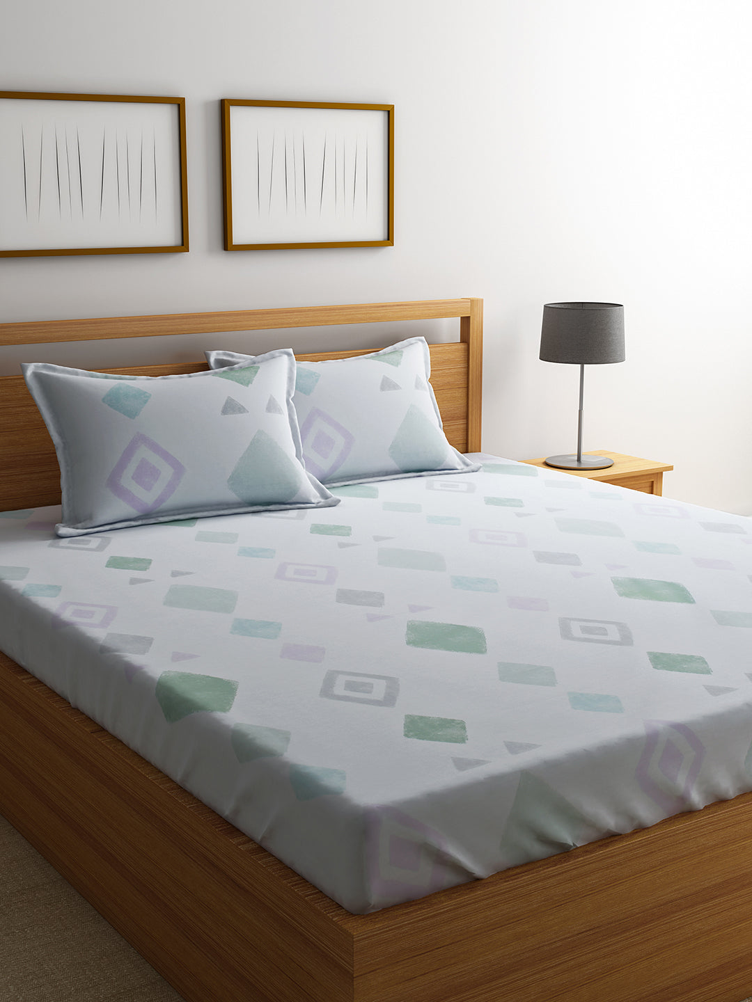 URBAN DREAM FASHION ABSTRACT GEOMETRIC PRINT WHITE AND GREEN BEDSHEET SET