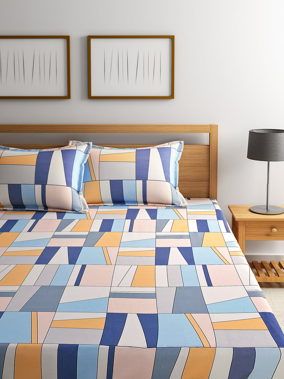 URBAN DREAM FASHION ABSTARCT GEOMETRIC PRINT BLUE AND YELLOW BEDSHEET SET