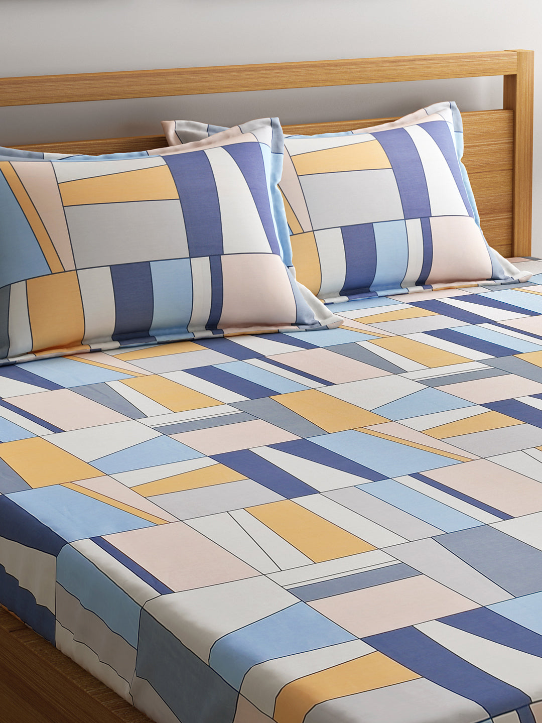 URBAN DREAM FASHION ABSTARCT GEOMETRIC PRINT BLUE AND YELLOW BEDSHEET SET