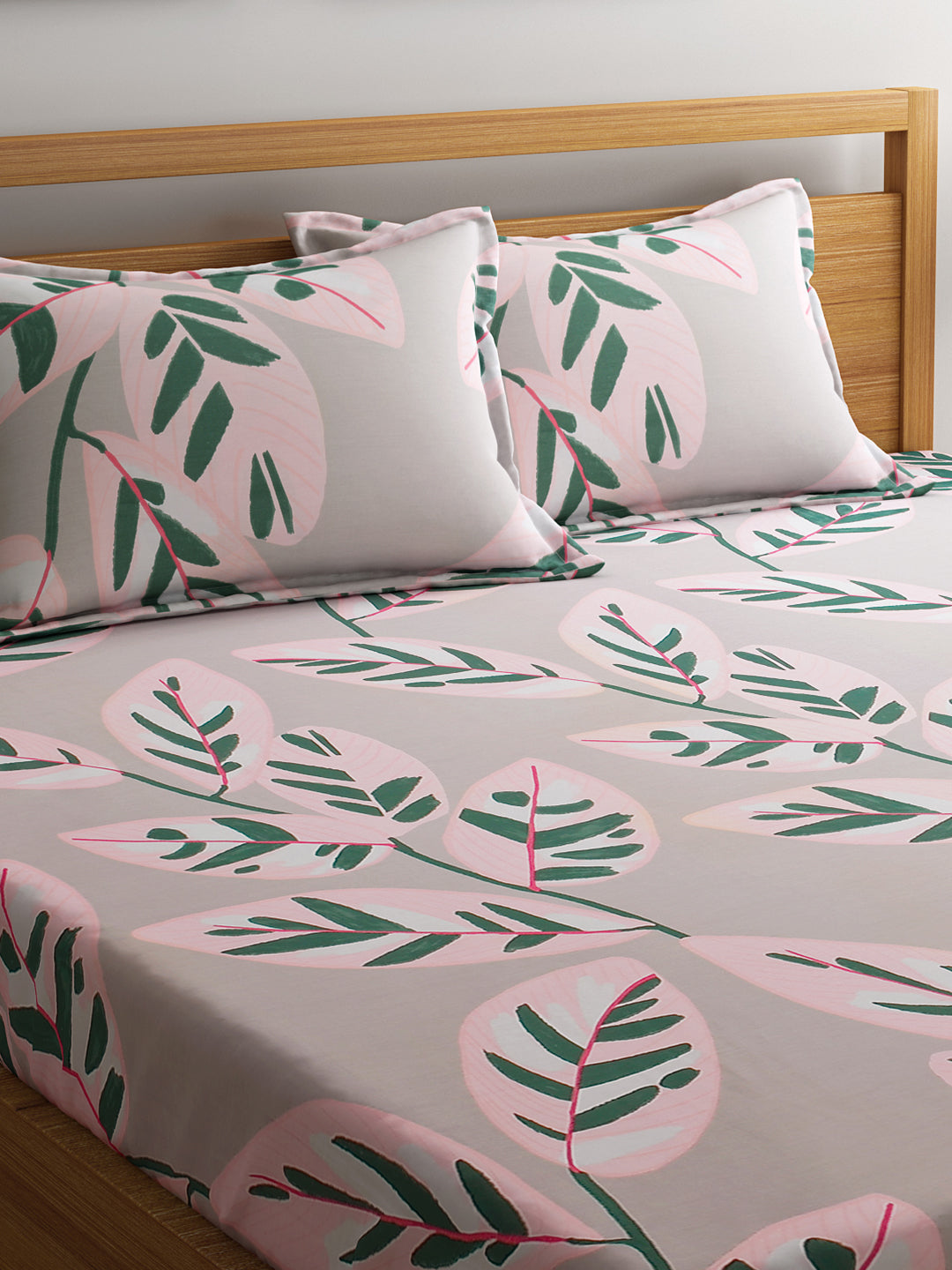 URBAN DREAM FASHION ABSTARCT LEAVES PRINT PINK AND GREY BEDSHEET SET