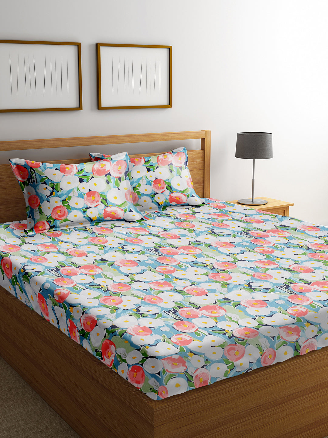 URBAN DREAM FASHION BRUSH STROKE FLORAL PRINT BLUE AND RED BEDSHEET SET