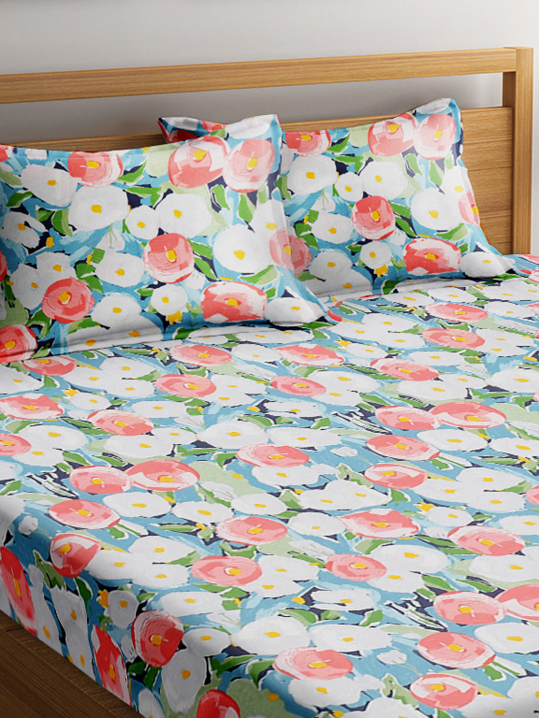 URBAN DREAM FASHION BRUSH STROKE FLORAL PRINT BLUE AND RED BEDSHEET SET