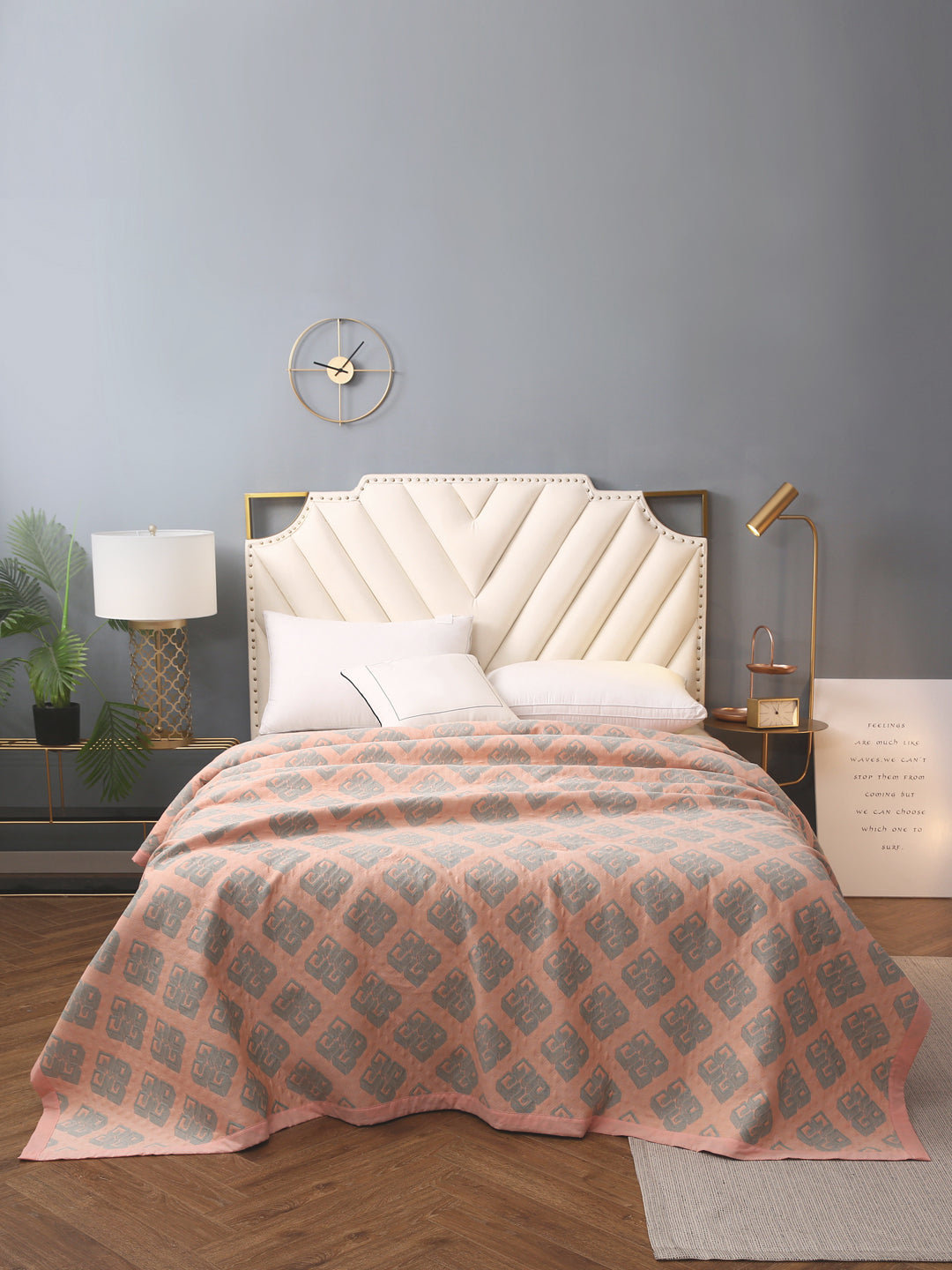 URBAN DREAM ABSTRACT GEOMETRIC CUBE WEAVE PEACH AND GREY BEDSPREAD