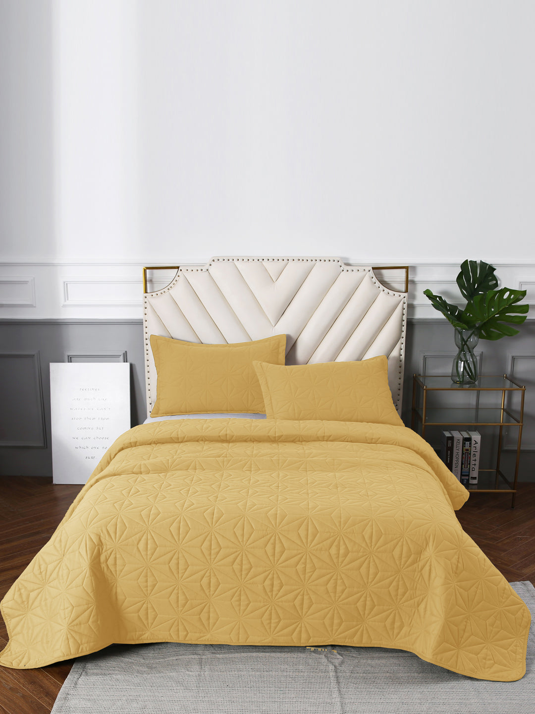 URBAN DREAM FASHION GEOMETRIC QUILTED DIAMONDS SOLID YELLOW BEDSPREAD