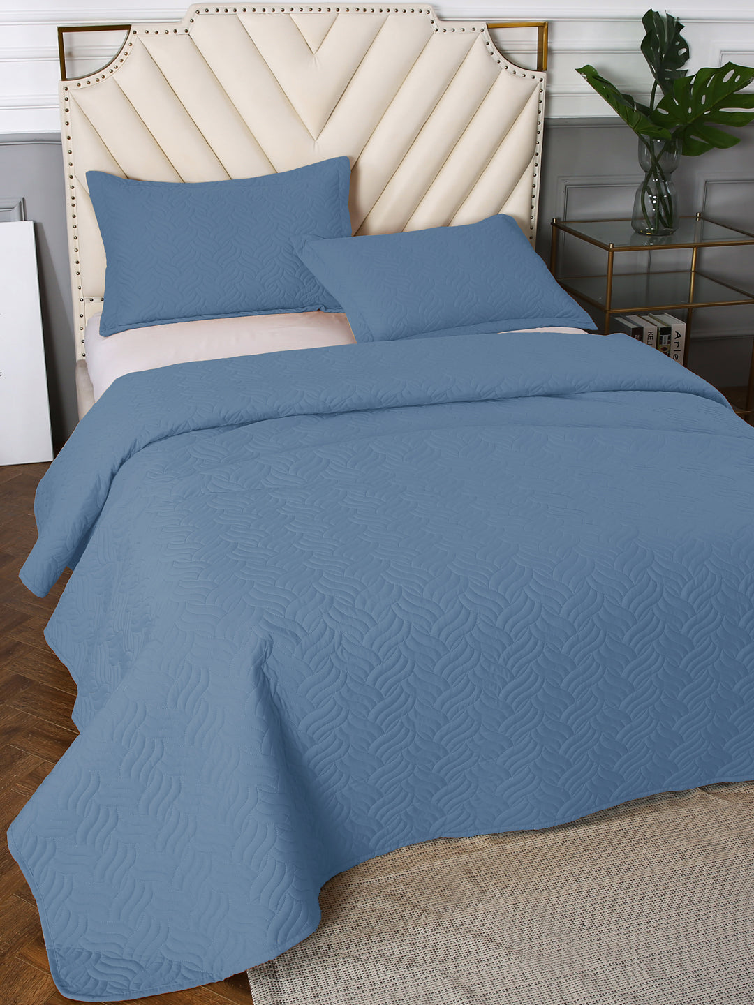 URBAN DREAM FASHION ABSTRACT QUILTED WAVES SOLID LIGHT BLUE BEDSPREAD