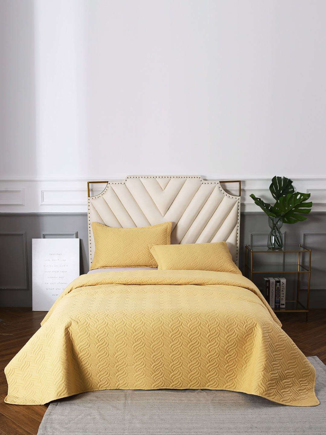 URBAN DREAM FASHION ABSTRACT QUILTED WAVES SOLID YELLOW BEDSPREAD