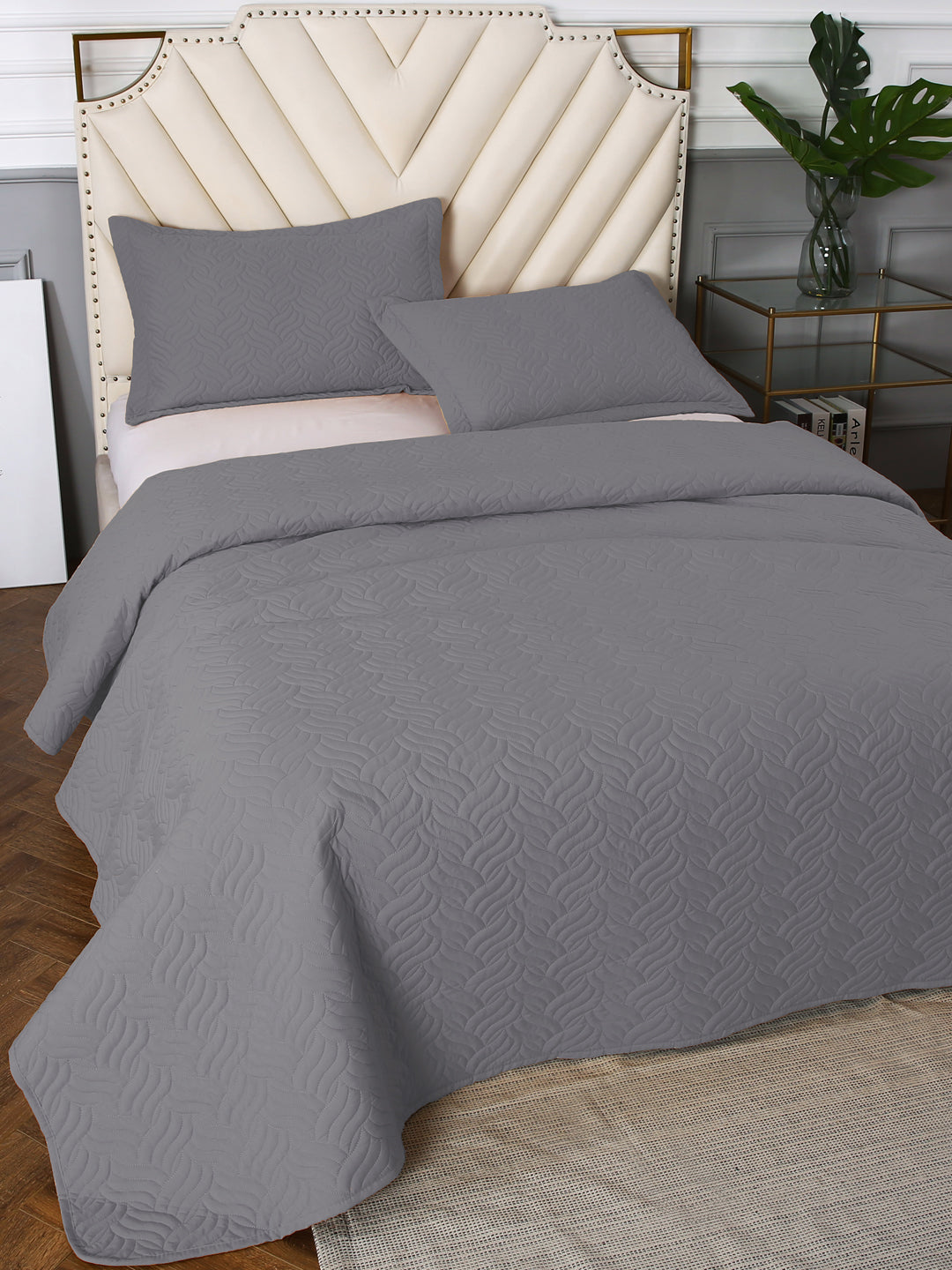 URBAN DREAM FASHION ABSTRACT QUILTED WAVES SOLID GREY BEDSPREAD