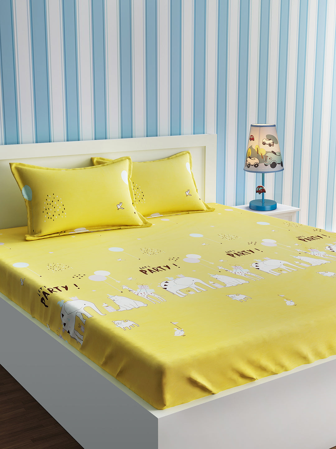 URBAN DREAM KIDS ANIMAL PARTY PRINT YELLOW AND WHITE BEDSHEET SET