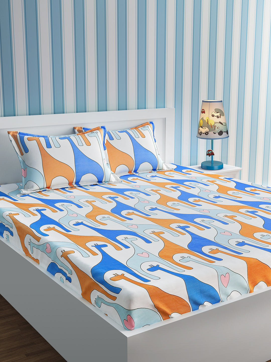 URBAN DREAM KIDS GIRAFFE AND HEARTS PRINT BEIGE AND BLUE BEDSHEET SET