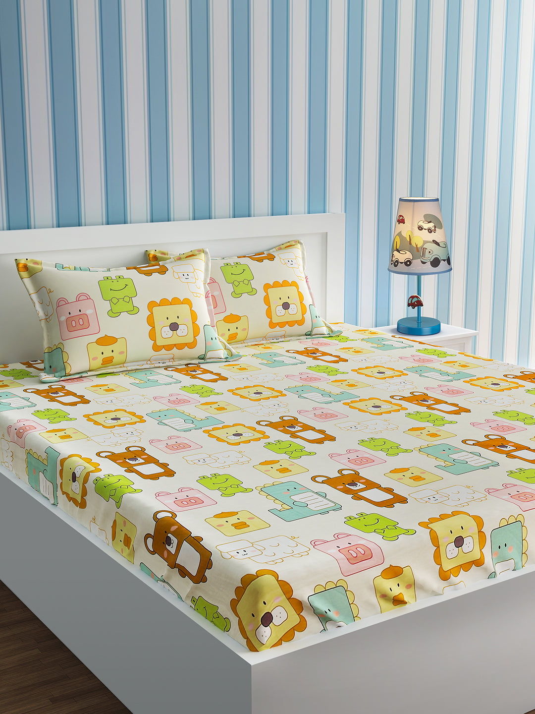 URBAN DREAM KIDS BOX ANIMALS PRINT YELLOW AND BROWN BEDSHEET SET