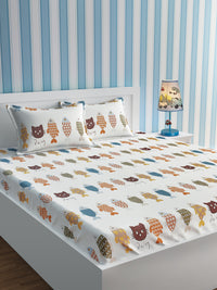 URBAN DREAM KIDS CAT AND FISH PRINT WHITE AND GREY BEDSHEET SET