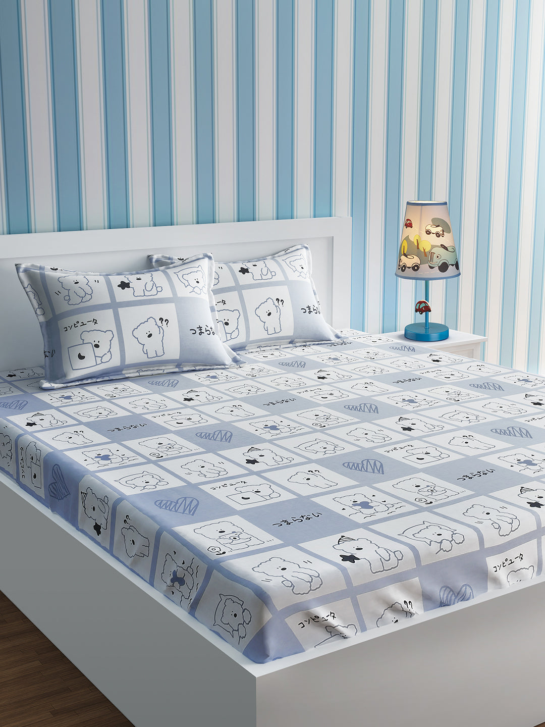 URBAN DREAM KIDS CUTE TEDDY PRINT GREY AND WHITE BEDSHEET SET