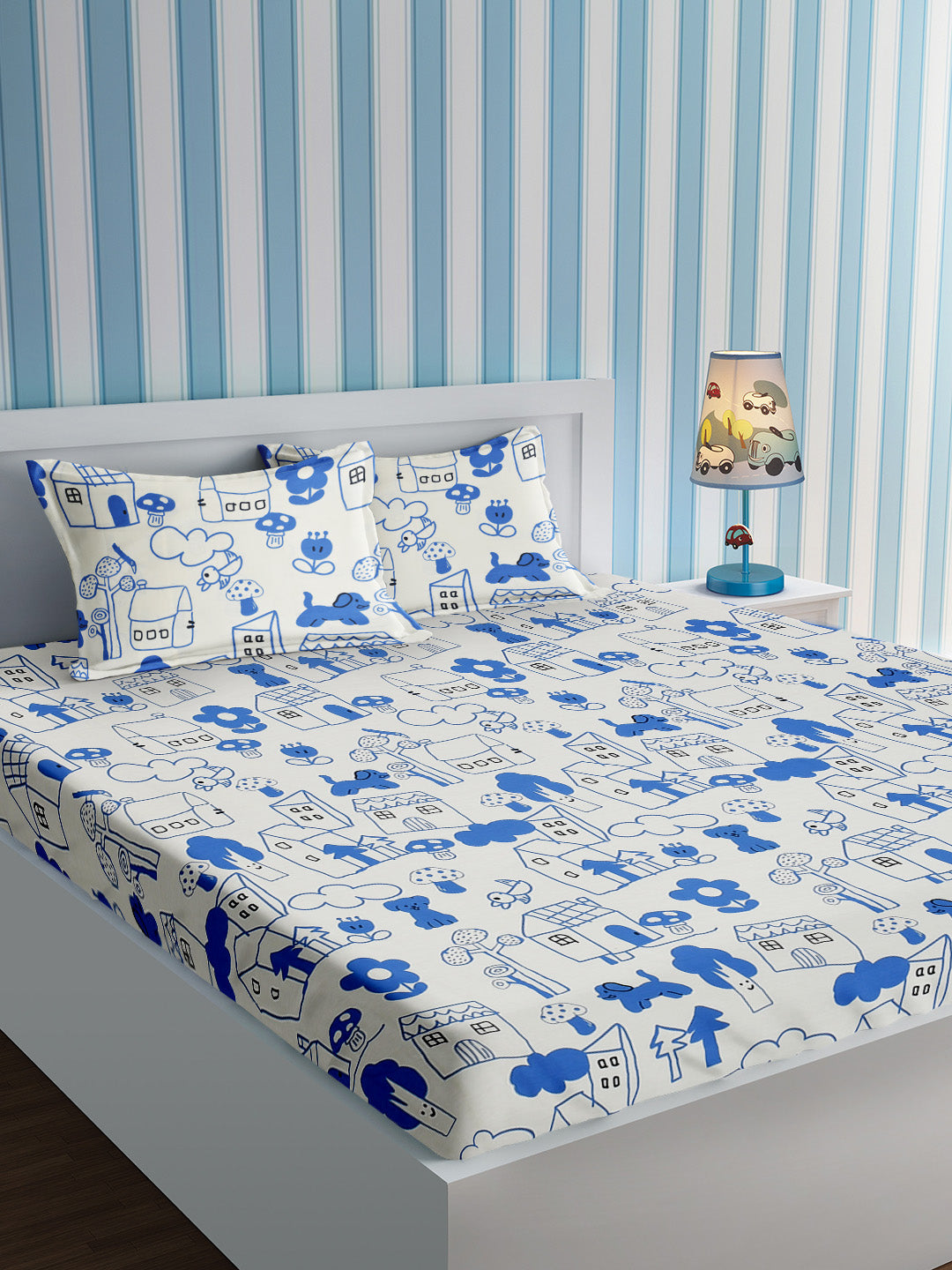 Kids Abstract Doodle Print White and Blue Bedsheet Set