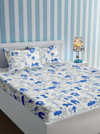 Kids Abstract Doodle Print White and Blue Bedsheet Set