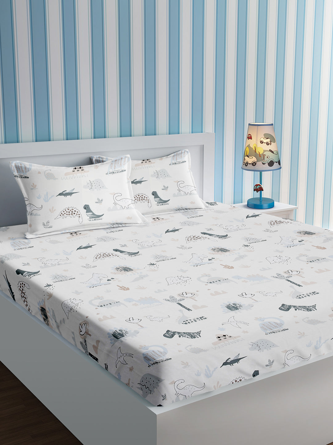 URBAN DREAM KIDS ABSTRACT DINO PRINT WHITE AND GREY  BEDSHEET SET