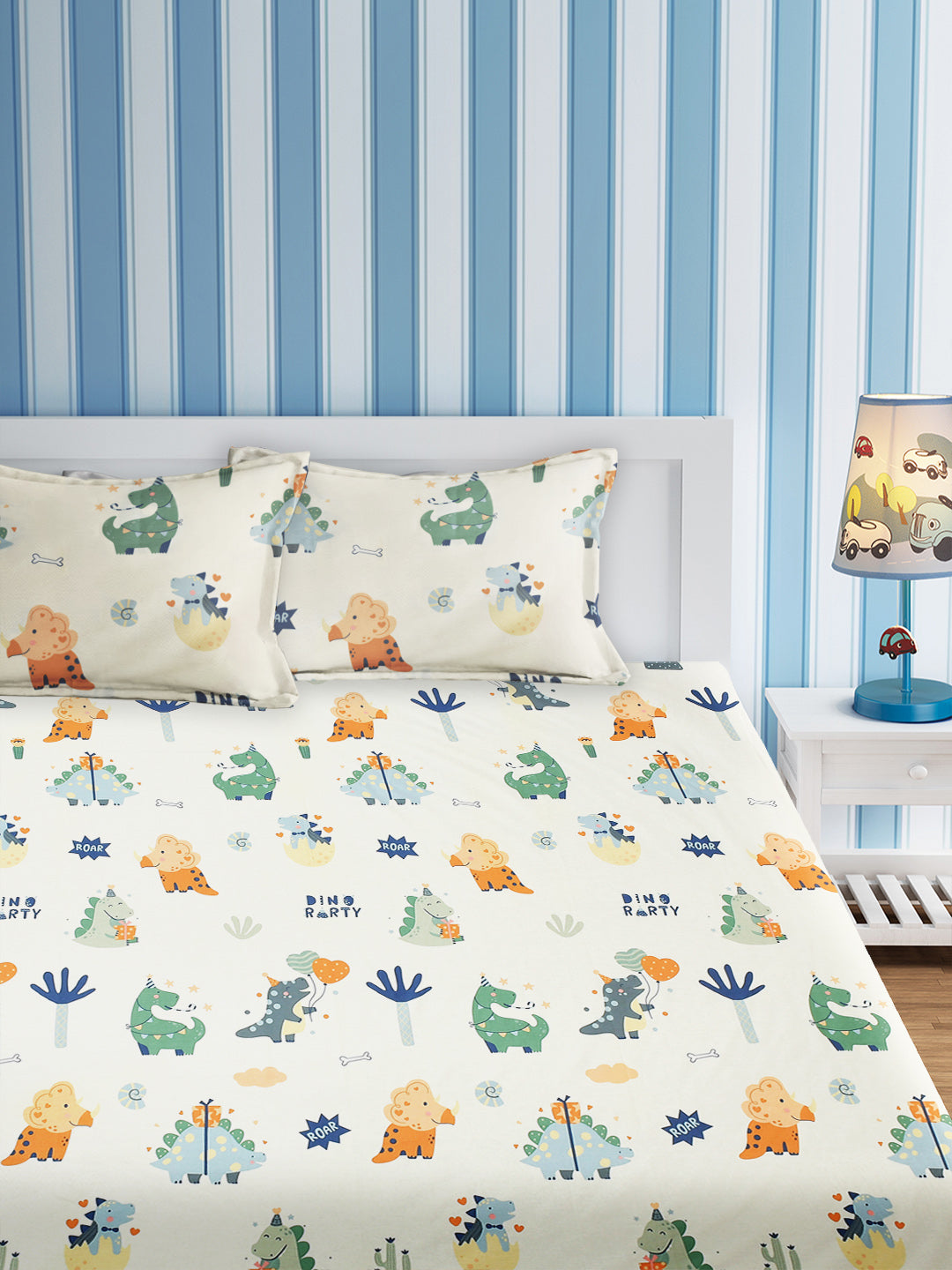 URBAN DREAM KIDS DINO PARTY PRINT WHITE AND GREEN  BEDSHEET SET