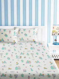 URBAN DREAM KIDS DINO DAYOUT PRINT WHITE AND PURPLE  BEDSHEET SET