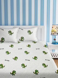 URBAN DREAM KIDS CUTE DINOSAUR ROAR PRINT WHITE AND GREEN BEDSHEET SET