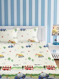 URBAN DREAM KIDS CITY TRAFFIC PRINT WHITE AND BLUE BEDSHEET SET