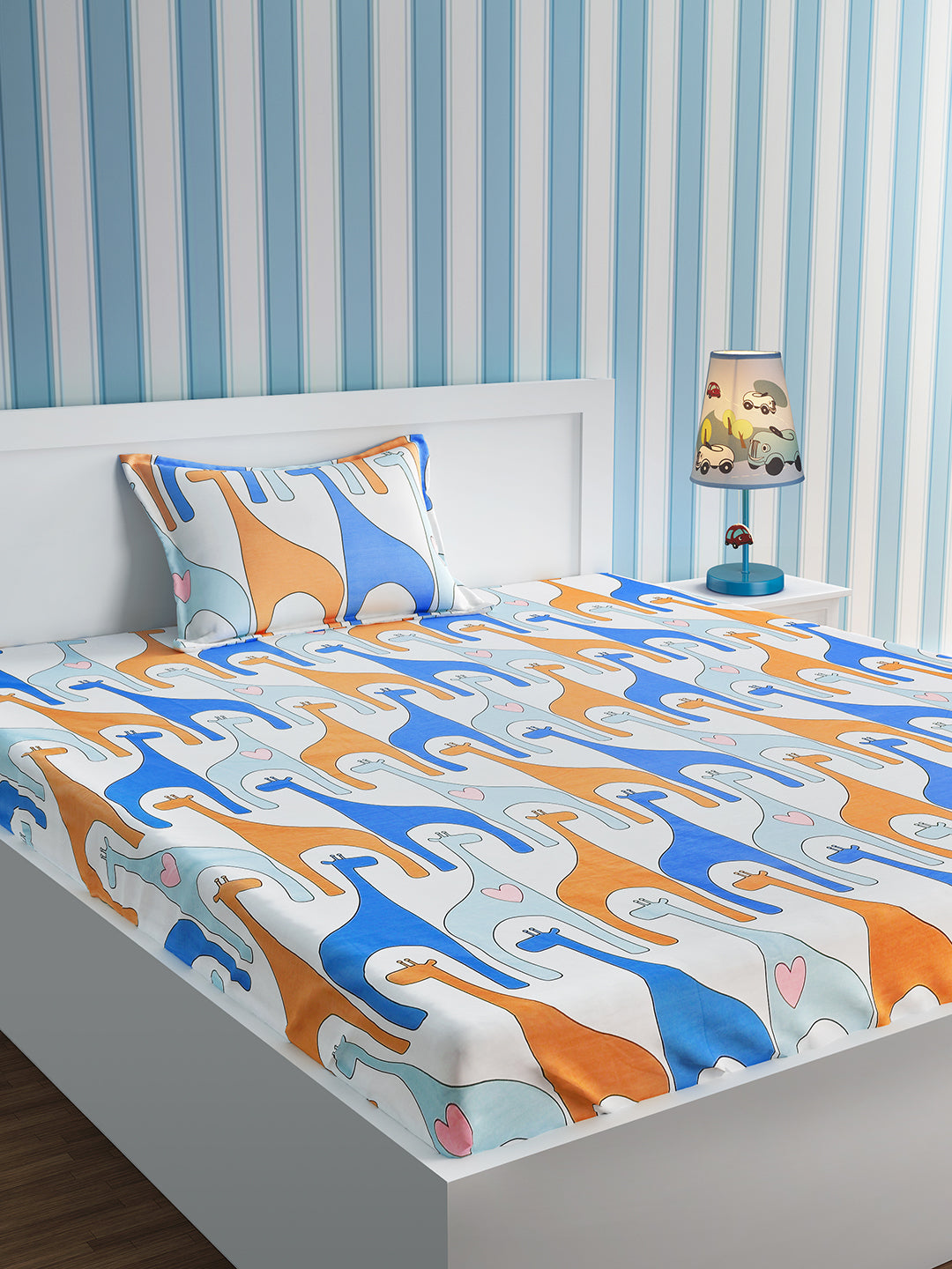 URBAN DREAM KIDS GIRAFFE AND HEARTS PRINT BEIGE AND BLUE BEDSHEET SET