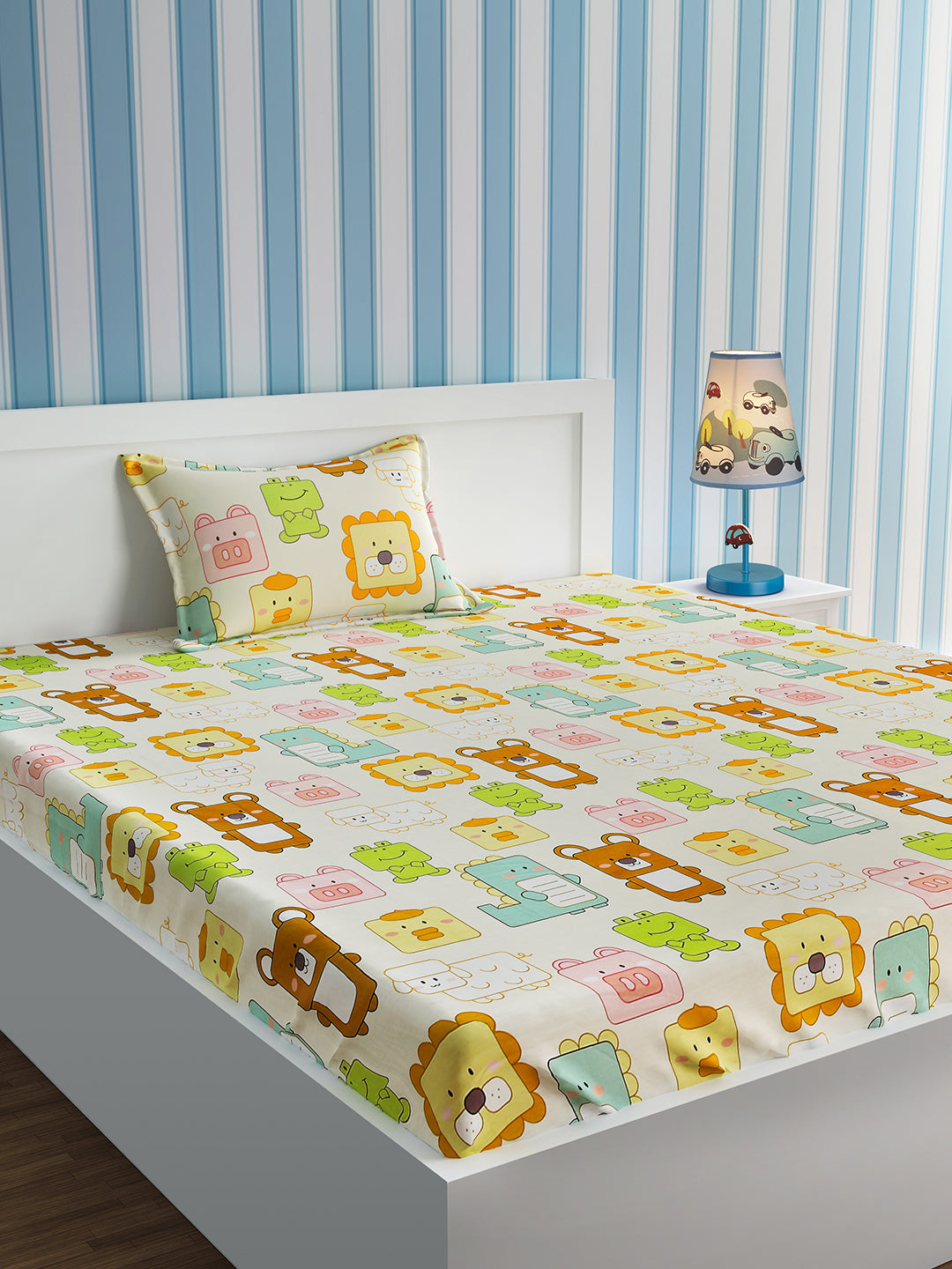 URBAN DREAM KIDS BOX ANIMALS PRINT YELLOW AND BROWN BEDSHEET SET