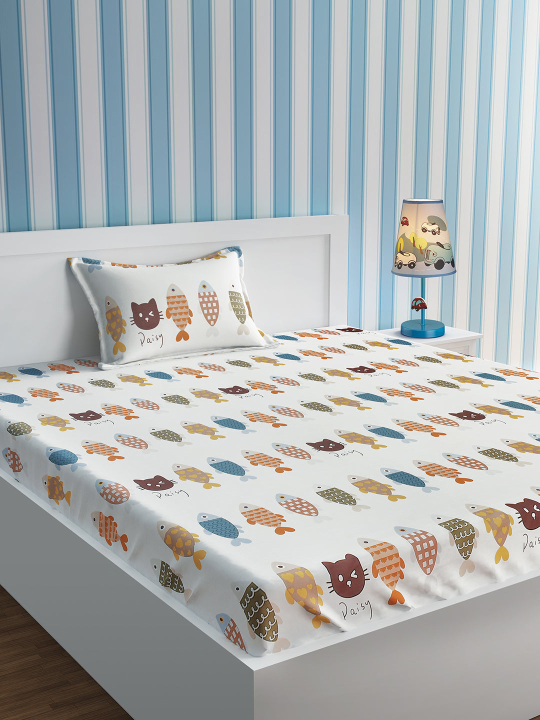 URBAN DREAM KIDS CAT AND FISH PRINT WHITE AND GREY BEDSHEET SET