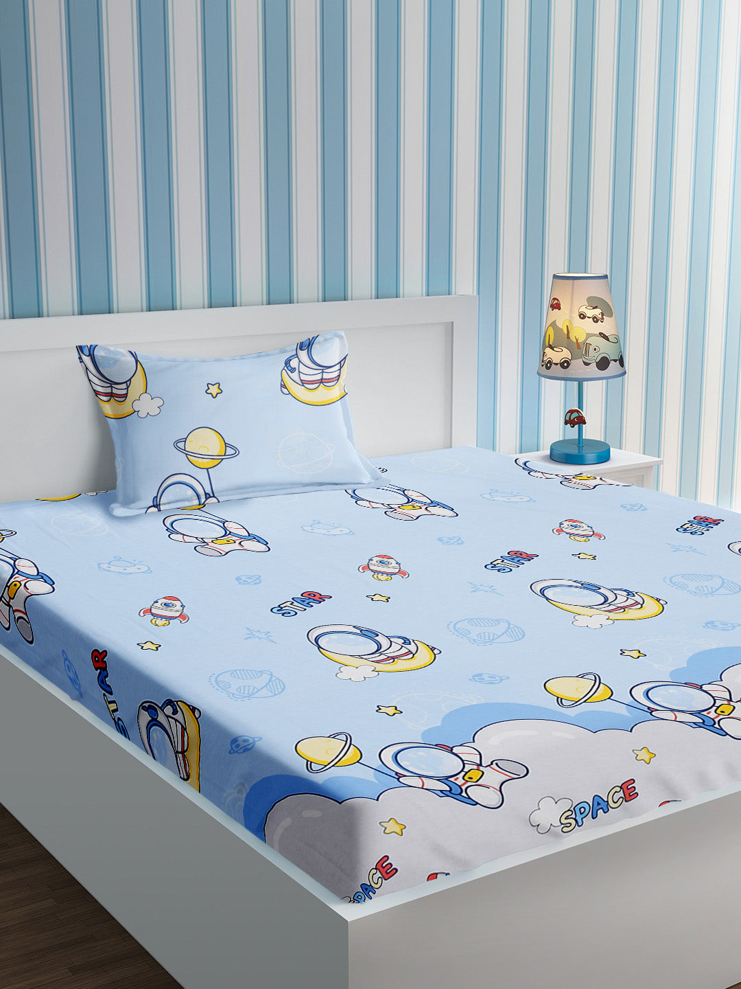 URBAN DREAM KIDS ABSTRACT ASTRONAUT PRINT BLUE AND YELLOW  BEDSHEET SET