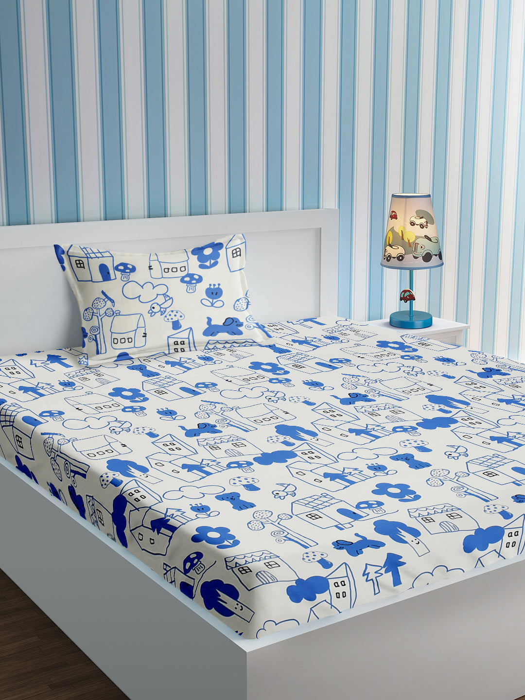 Kids Abstract Doodle Print White and Blue Bedsheet Set