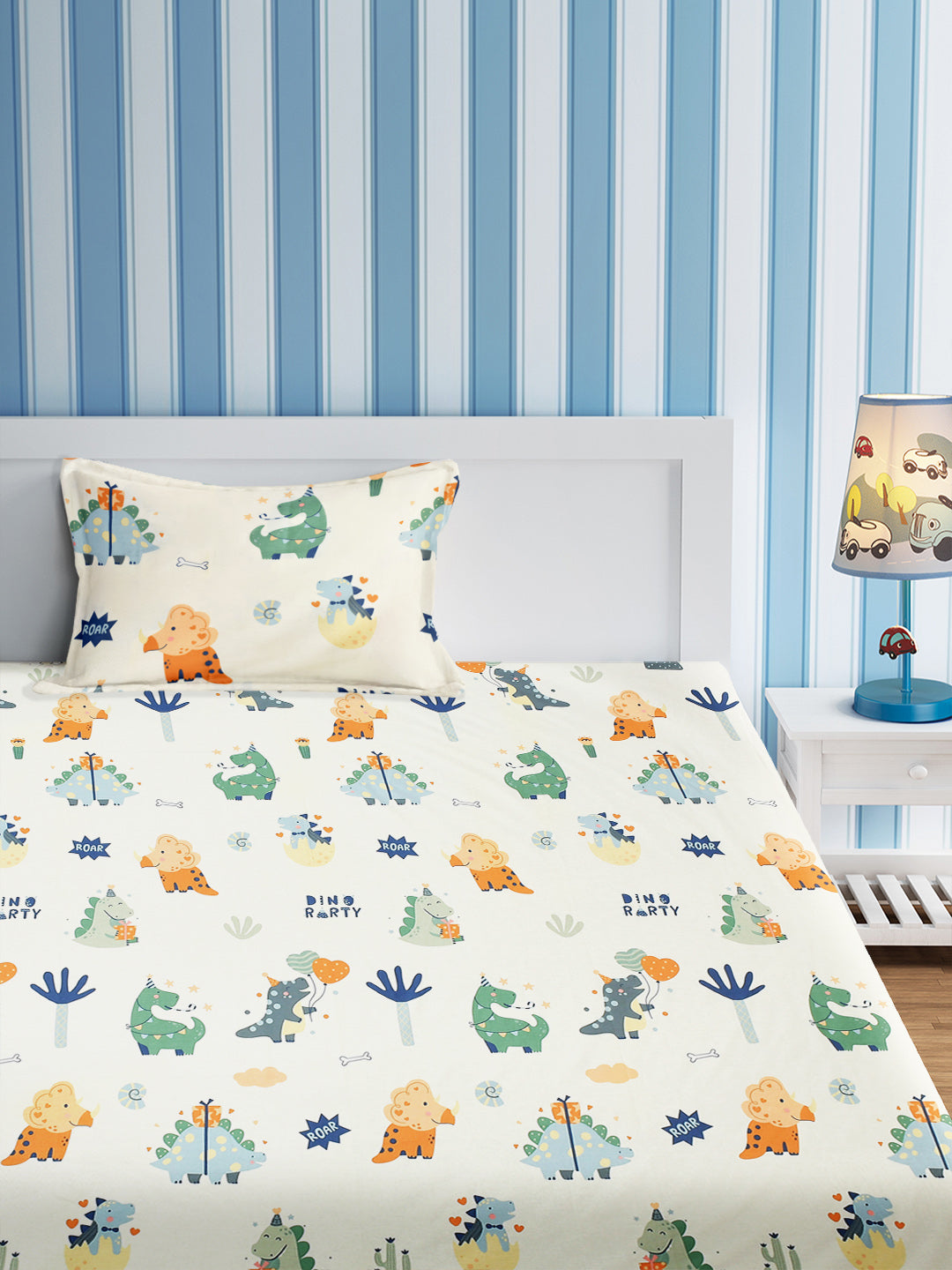 URBAN DREAM KIDS DINO PARTY PRINT WHITE AND GREEN  BEDSHEET SET
