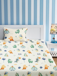 URBAN DREAM KIDS DINO PARTY PRINT WHITE AND GREEN  BEDSHEET SET