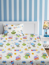 URBAN DREAM KIDS ALIENS AND DINO PRINT WHITE AND GREEN BEDSHEET SET