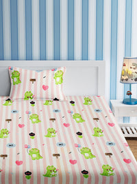 URBAN DREAM KIDS CUTE ALIGATOR AND HEART PRINT PINK AND GREEN BEDSHEET SET